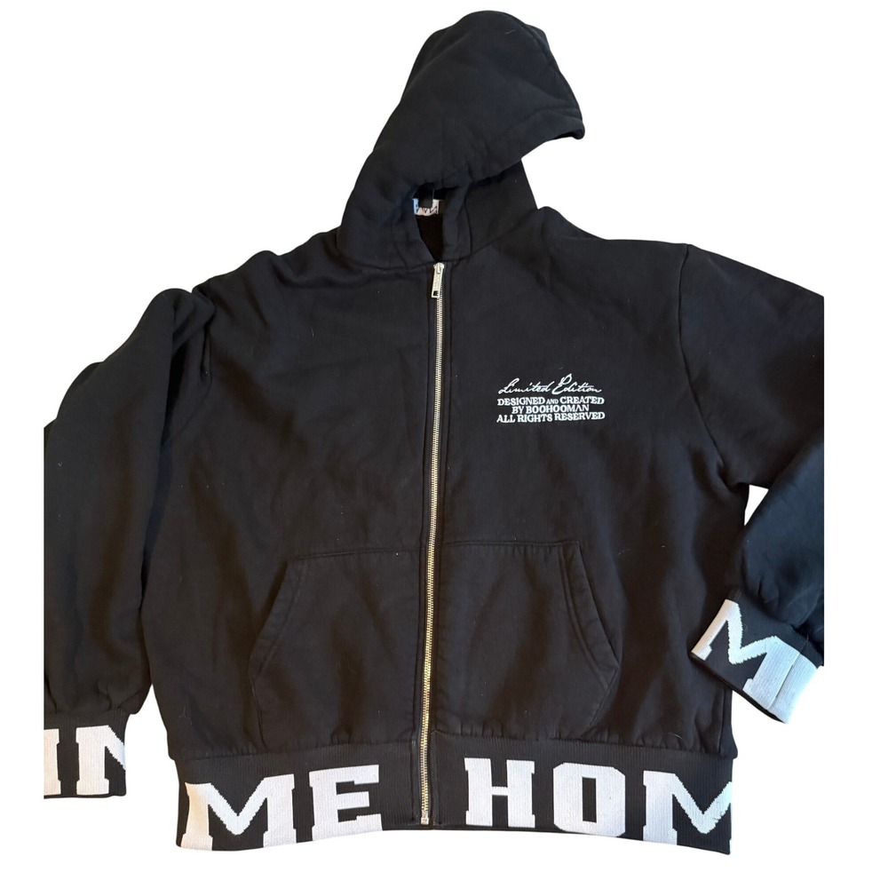 BoohooMAN Limited Edition Black Zip Up Hoodie Mens Large 13 Graphic Streetwear